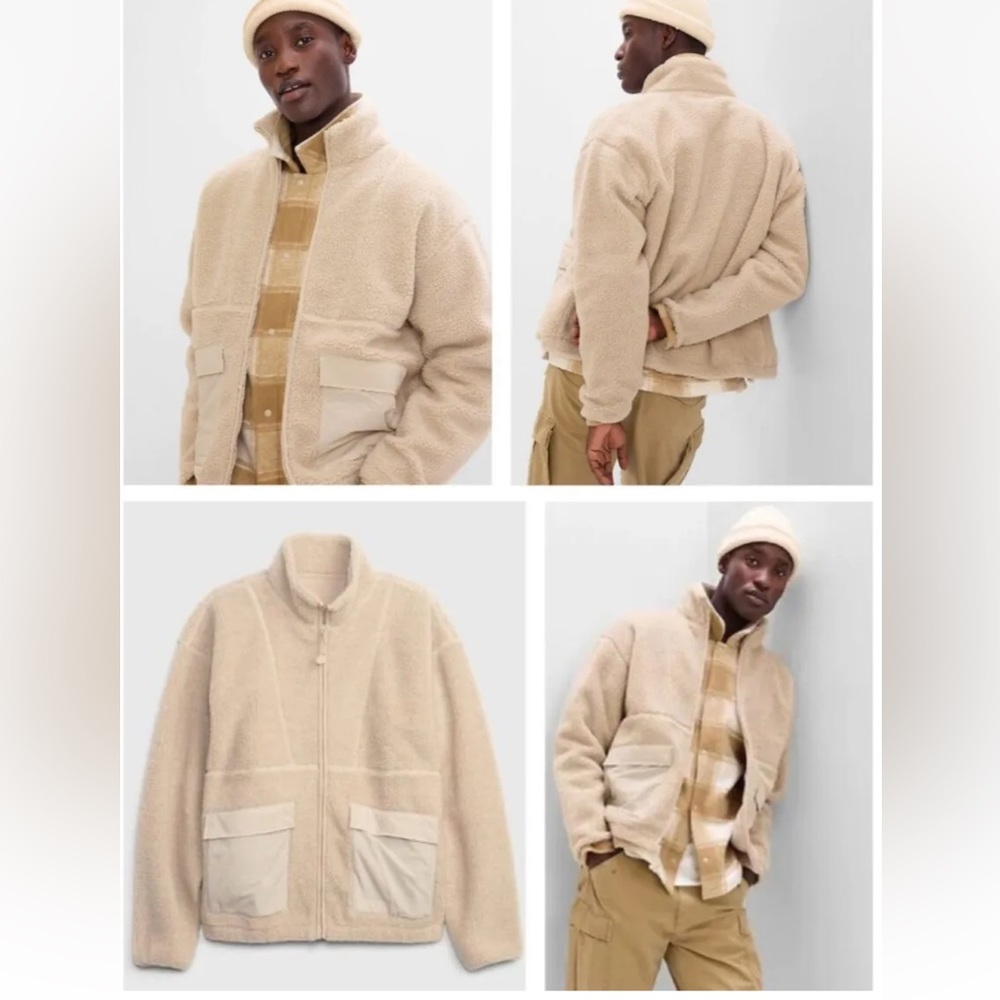 NWT GAP Men Sherpa Full-Zip Surplus Jacket Fleece Pockets Mockneck Beige $128 - Picture 1 of 8